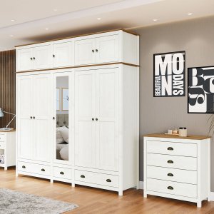 Conjunto Quarto: Guarda-roupa 10 Portas, Cômoda 4 Gavetas Topázio Branco/freijó Madeira Pinus - Fine