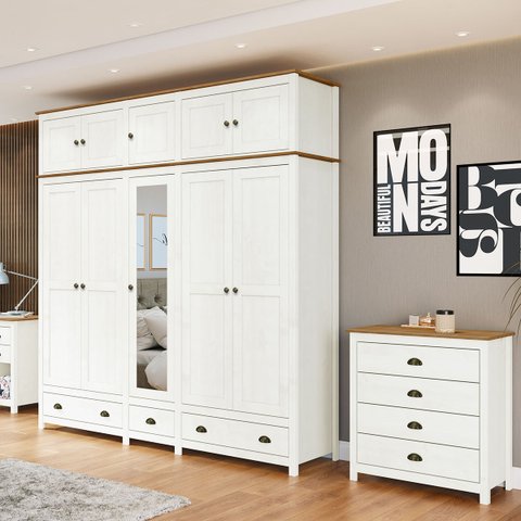 Conjunto Quarto: Guarda-roupa 10 Portas, Cômoda 4 Gavetas Topázio Branco/freijó Madeira Pinus - Fine