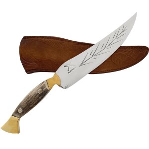 Faca de Churrasco Artesanal Folha Full Tang 9" Aço Inox 420c Cabo Chifre de Cervo Bainha de Couro