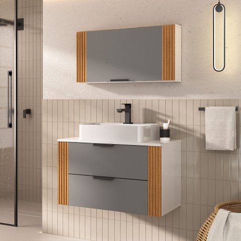 Conjunto Gabinete Banheiro Taos 80cm (armário + Cuba + Espelheira + Tampo Vidro)