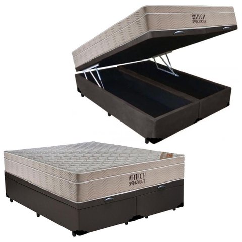 Cama Box Baú Casal Bipartido Sintético + Colchão Ortobom Airtech Molas Ensacadas 65x138x188