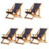 Conjunto 5 Espreguiçadeiras Preguiçosa Dobrável Envernizada Mel em Madeira Maciça Tecido - Azul Mari - 1