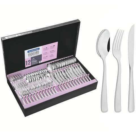 Faqueiro Tramontina Pacific Aço Inox C/ Facas de Churrasco Brilho e Detalhes no Cabo 72 Pçs