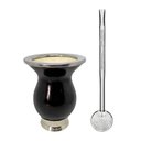 Ver imagem 1 de Kit Cuia Preta Bocal Inox Pé Metal + Bomba Estampada 21cm