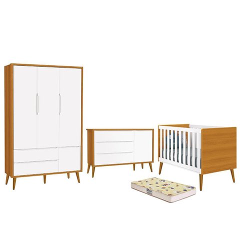 Dormitório Infantil Theo Retrô 3 Portas, Cômoda 1 Porta, Berço Branco/Savana com Pés Amadeirado