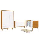 Ver imagem 1 de Dormitório Infantil Theo Retrô 3 Portas, Cômoda 1 Porta, Berço Branco/Savana com Pés Amadeirado