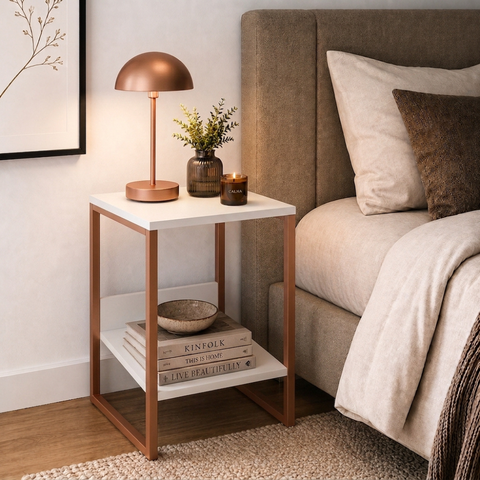 Mesa Cabeceira de Cama Criado Industrial Base de Ferro Cobre Tampo Branco