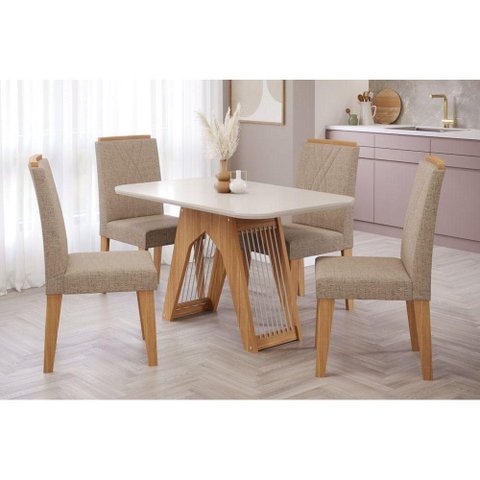 Conjunto: Mesa de Cozinha Carol Tampo Madeirado C/ Vidro 130x80cm e 4 Cadeiras Nicole Nature-