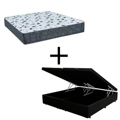 Cama Box Baú Queen 158 Tecido Preto com Colchão Alegro Bello Box D28 Cinza 58x158x198