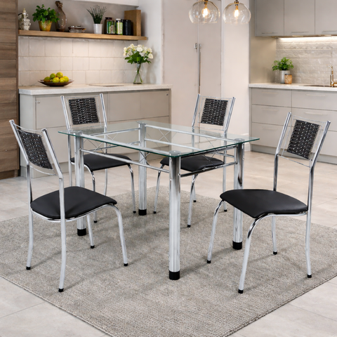 Mesa de Jantar 4 Cadeira Cromadas Tampo Vidro Estilo Moderno:Preto 213/406