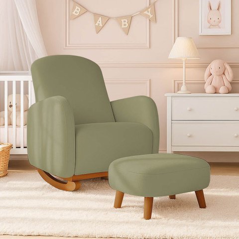 Poltrona Amamentação Balanço Madeira e Puff Jhessy Bouclê Pistache R04 - D'rossi