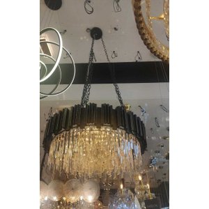 Lustre Redondo Metal Preto com Cristais Transparente 9E14 55cm
