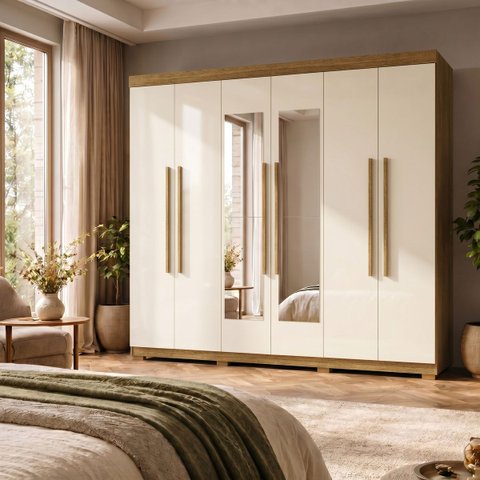 Guarda Roupa Casal Roupeiro 6 Portas 2 Gav Espelho Quarto Nature Champanhe