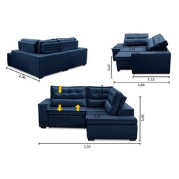 Sofá de Canto Retrátil e Reclinável com Molas 2,50x2,00 Esq Virginia Suede Azul Adonai Estofados - 2