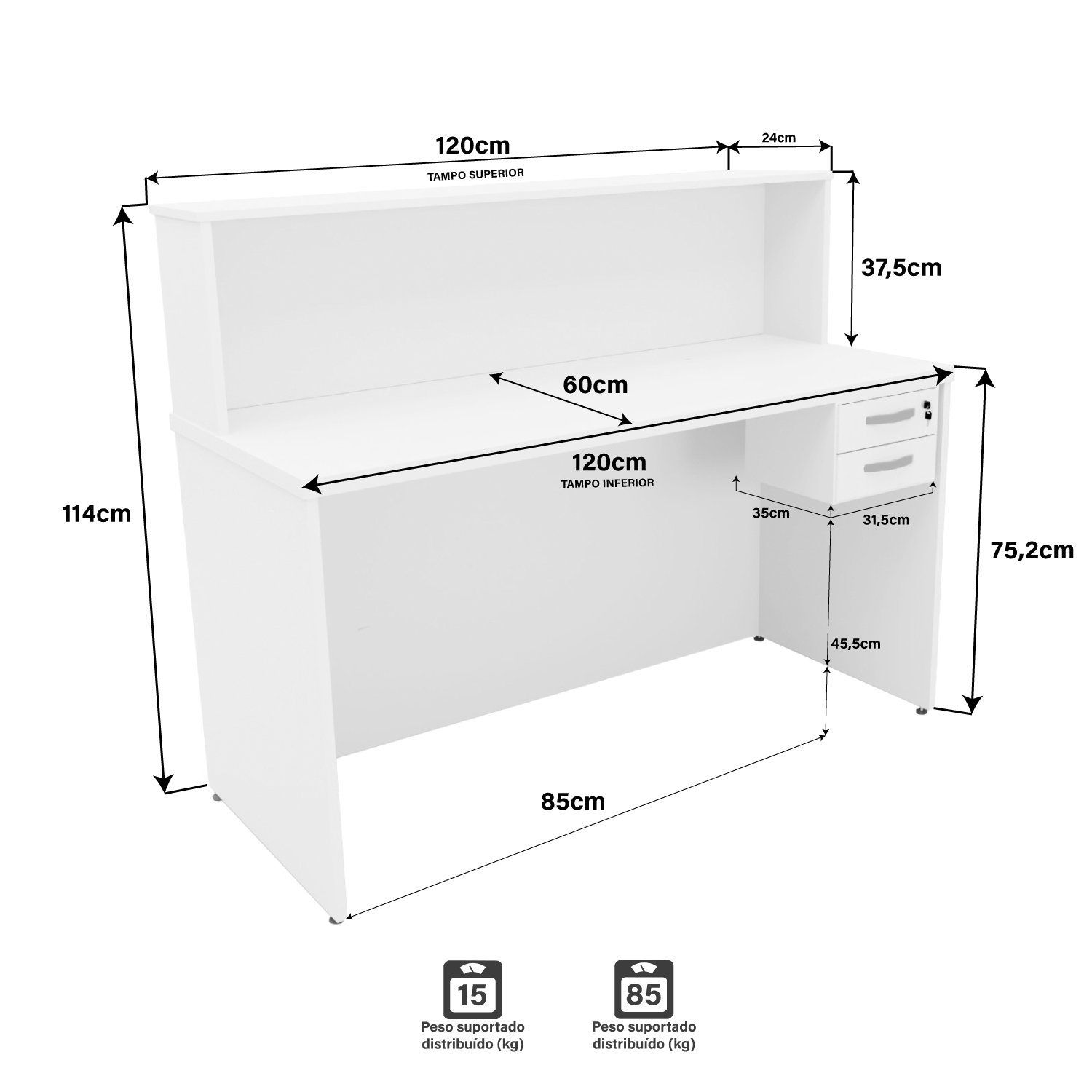 Balcão Atendimento Recepção Consultório 1200x600 C/gaveteiro - Branco - 5