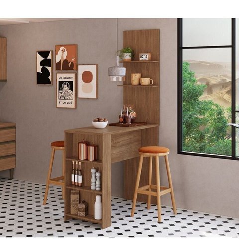 Bancada Luna com Painel Greta para Cozinha Laranja/Freijó