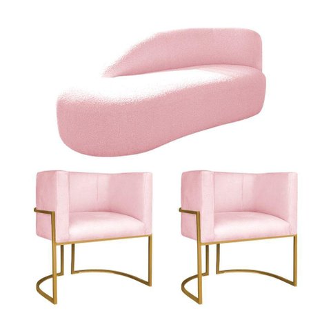 Kit Divã Luna 160cm Lado Esquerdo e 02 Poltronas Base de Ferro Dourado Suede Rosa Bebê