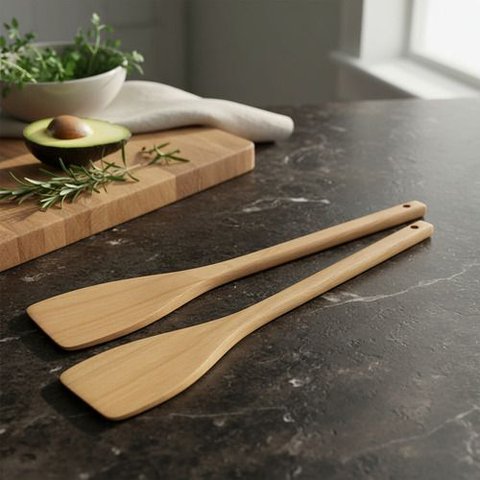 Kit 6 Espátulas de Pau 30 Cm em Madeira Artesanal Teixeira:marrom-claro