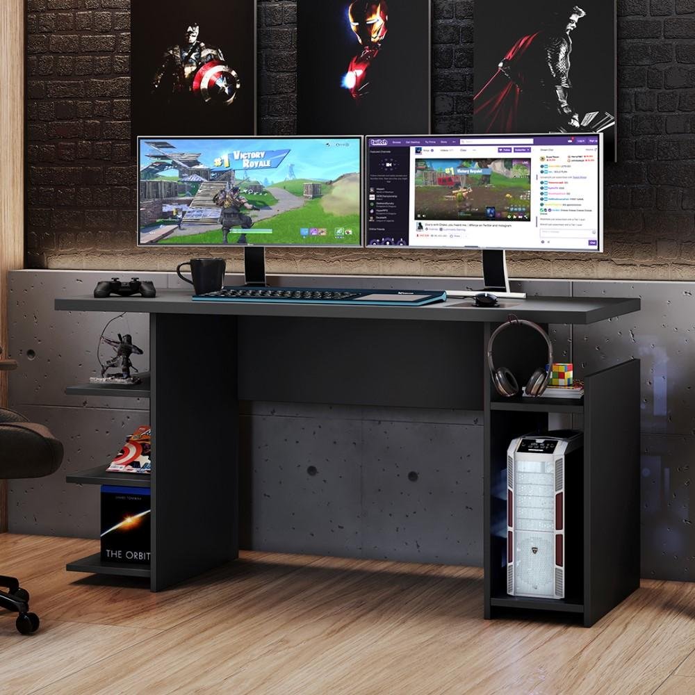Mesa Gamer Escrivaninha Para Computador Home Office Nicho CPU 3 Prateleiras Quarto Preta - 1