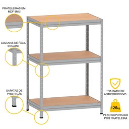 ESTANTE DE AÇO PESADA 125X92X60 3 PRAT. MAD. PANDIN - CINZA EPP1250X600 PRAT MAD - 3