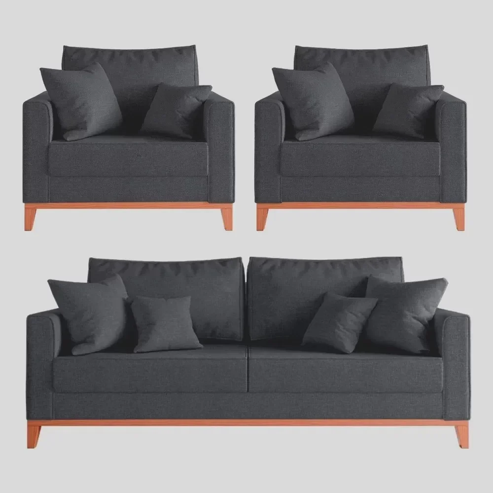 Ver imagem 2 de Kit Sofá 3 Lugares e 2 Poltronas Beny com Base de Madeira Linho Grafite