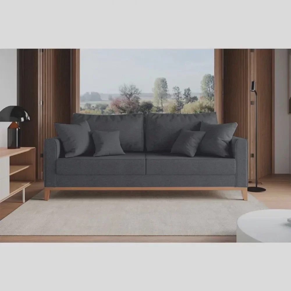 Ver imagem 3 de Kit Sofá 3 Lugares e 2 Poltronas Beny com Base de Madeira Linho Grafite