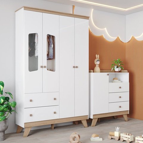 Conjunto para Quarto de Bebê Cômoda Roupeiro Retro Theo Branco/Jequitibá