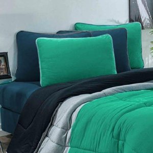 Kit Edredom + Jogo de Lençol Malha 100% Algodão Urbano 7 Peças King - Verde Jade-mescla-azul