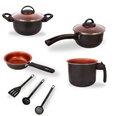 Frigideira 14cm + Panela 16cm + Caçarola 16cm + Leiteira 14cm + 3 Utensílios