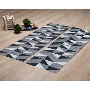 Jogo de Tapete jacquard Triangulos Azul Antiderrapante 3 Peças FASTLAR Jogo de Tapetes