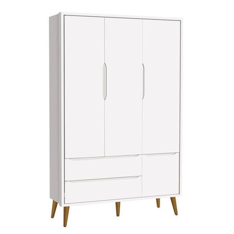 Guarda Roupa Infantil 3 Portas Theo Retrô Branco Fosco com Pés Amadeirado - Reller Móveis Branco