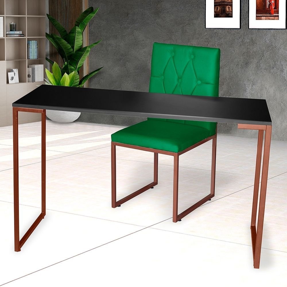 Kit Home Office Mesa Para Escritorio com Cadeira Malta Ferro Bronze Corino Verde - Móveis Mafer - 2