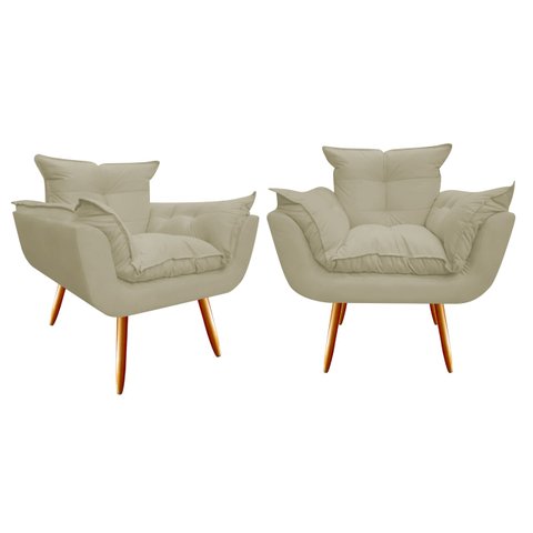 Kit 2 Poltronas Decorativa Opala Suede Bege Pés Madeira Ms Decor