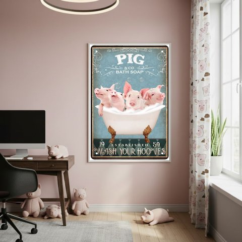 Quadro Decorativo Porcos na Banheira 70x50cm Mold Preta