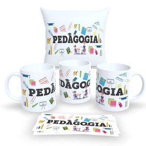 Kit com 1 Caneca de Porcelana e 1 Almofada Branca 30x30cm Personalizadas Profissões "pedagogia"