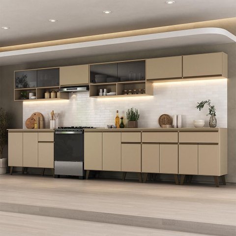 Armário de Cozinha Completa Atlanta Select com Vidro Carraro Amêndoa