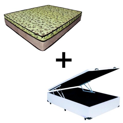 Cama Baú Casal 138 Tecido Sintético Branco com Colchão de Espuma Tokio D33 Bege - 25x138x188cm