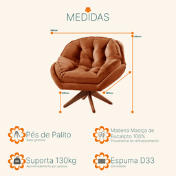 Poltrona Decorativa Pillow Top com Base Giratória Veludo Califórnia Terracota - 4