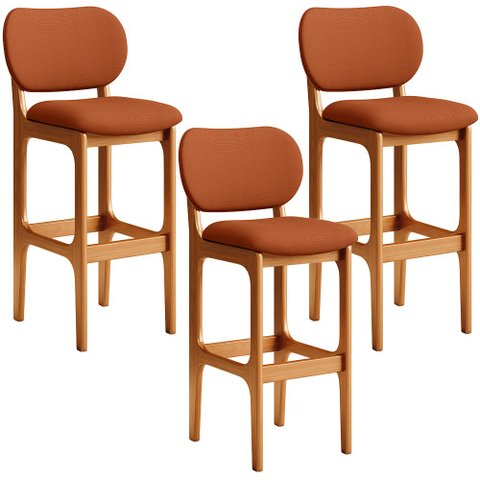 Kit 03 Banquetas Alta Bar Cozinha Sala Jantar Fixa Betta L02 Imbuia Tecido Terracota - Lyam Decor