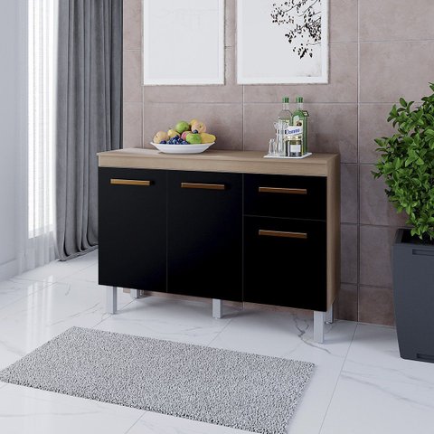 Balcão para Cozinha sem Tampo Vitória 120 cm 3 Portas 1 Gaveta: Savana Preto