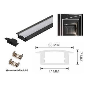 Perfil Alumínio Slim 25mm Preto para Fita Led Embutir 2m