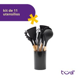 Kit 11 Utensílios de Cozinha de Silicone com Cabo de Madeira e Suporte - Tud - 3