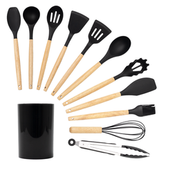 Kit 11 Utensílios de Cozinha de Silicone com Cabo de Madeira e Suporte - Tud - 1