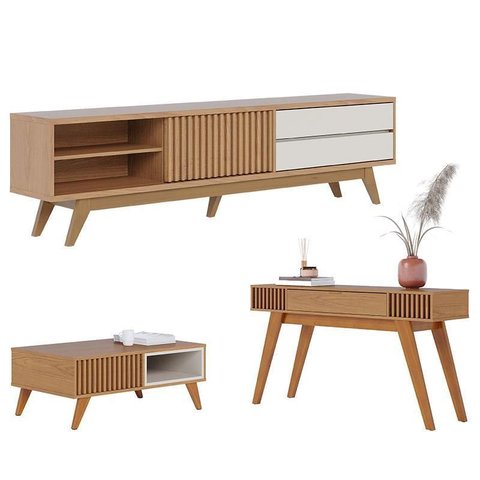 Rack Bancada Veneza com Mesa de Centro Jeri Freijó Off White Matte e Aparador Riviera Freijó -