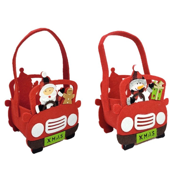 Kit 2 Cachepô Feltro Natal Carro com Alça Decorado Papai Noel e Boneco de Neve 20cm - Master Christm