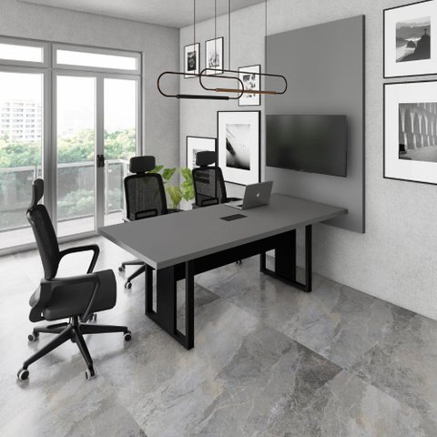 Mesa Industrial 2m 1 Cx de Tomada Pé Metal e Painel de Tv F5 Cor:cinza Sagrado com Preto