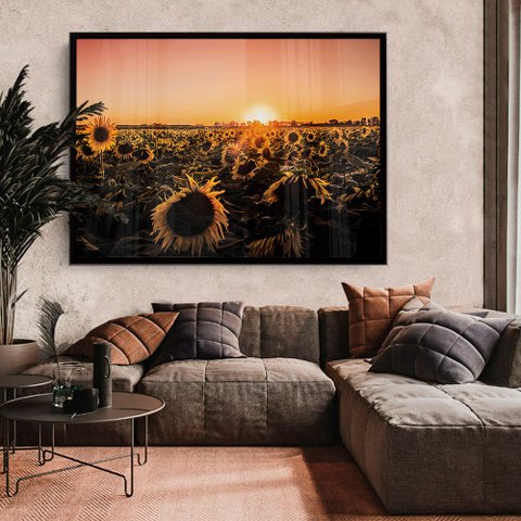 Quadro Decorativo Caixa Floral Girassóis Ao Entardecer Tacolado Moldura Caixa Alta 4,5cm Madeira sem
