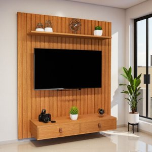 Painel para Tv 50 Polegadas Ripado 120cm Rack Suspenso Puxadores Couro Corrediças Telescópicas Inten