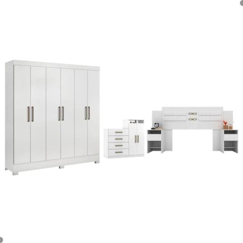 Conjunto para Quarto de Casal Falena Completo Branco MDP com Guarda Roupa Cômoda Cabeceira Demó