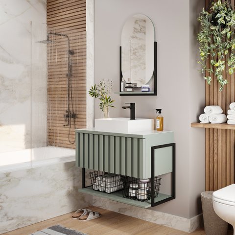 Gabinete Balcão Suspenso Cuba Marmorite Havaí 80 Cm Aço Banheiro 1 Porta 1 Prateleira Verde